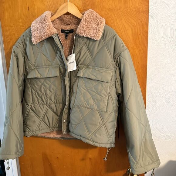 Fleece Puffer Jacket Womens Medium Green - Picture 1 of 4